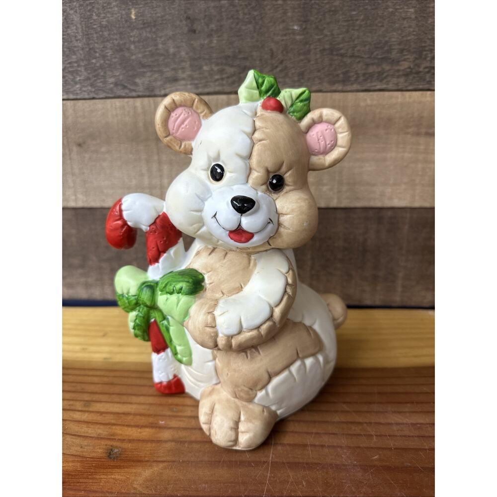 Ceramic Quilted Teddy Bear With Candy Cane 8”